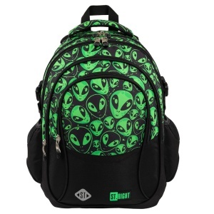 Ghiozdan Scolar St.Right BP01 Green Aliens, 4 Compartimente, Ergonomic, 43x32x21cm