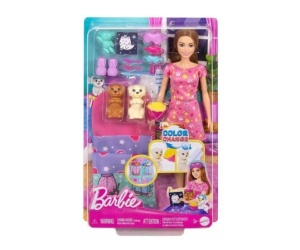 Set de joaca Barbie - Petrecere in pijamale, cu 2 catelusi color change