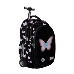 Ghiozdan tip Troler St.Right TB01, Pastel Butterfly, Roti Silicon, Impermeabil, 44x32x25 cm