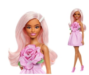 Papusa Barbie Fashion, Mattel, Rochie roz cu Floare
