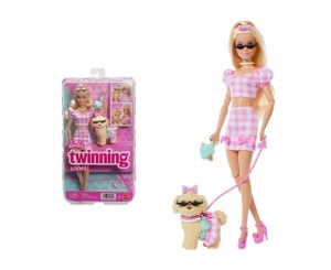 Papusa Barbie - Twinning Looks, Barbie blonda si catel cu accesorii