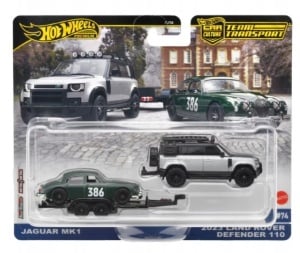 Masinute Hot Wheels, Team Transport, Scara 1:64, Jaguar MK1, 2023 Land Rover Defender 110