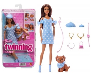 Papusa Barbie - Twinning Looks, Barbie Bruneta si catel cu accesorii
