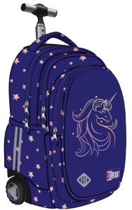 Ghiozdan tip Troler St.Right TB01, Unicorn Glow, Roti Silicon, Impermeabil, 44x32x25 cm