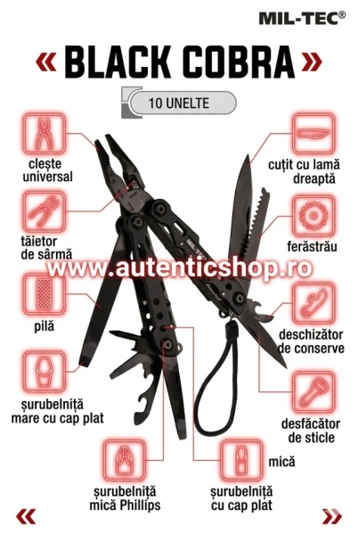 MULTITOOL MIL-TEC „BLACK COBRA" – 9 FUNCȚII UNEALTĂ SUPRAVIEȚUIRE &amp; CAMPING - SKU 15406102 - MULTI TOOL BLACK LG M.ETUI - Img 4