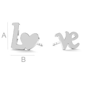 Love earring posts, 925 silver, 8.7 x 10 mm, pair