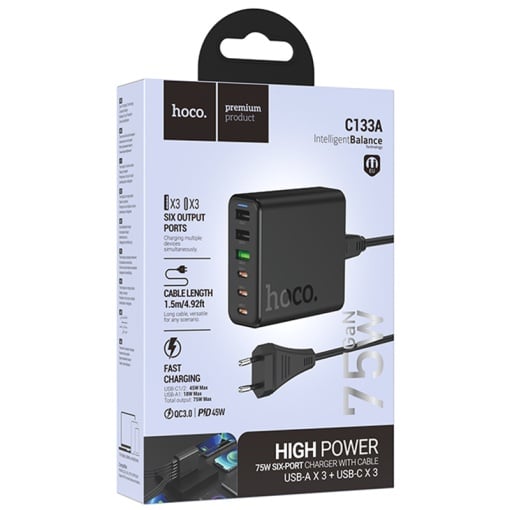 Statie incarcare, 75W, 3xUSB-C, 3xUSB-A, PD, QC 3.0, MultiHub USB,