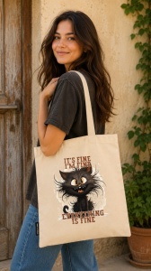 Sacosa textila, cu imprimeu Crazy Cat
