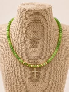 Colier handmade cu Jad verde și pandantiv Cruce din inox cu zirconii
