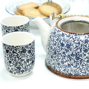 Set ceainic ceramic 850ml, model Frunze albastru, cu 6 cești - Img 5