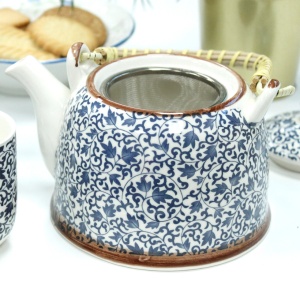 Set ceainic ceramic 850ml, model Frunze albastru, cu 6 cești - Img 6