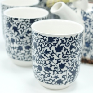 Set ceainic ceramic 850ml, model Frunze albastru, cu 6 cești - Img 3