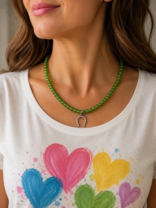 Colier handmade cu Jad verde și pandantiv Potcoavă din inox cu zirconia