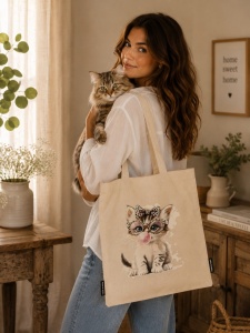 Sacosa textila, cu imprimeu Cute Cat