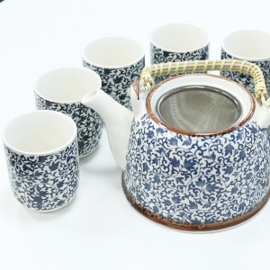 Set ceainic ceramic 850ml, model Frunze albastru, cu 6 cești