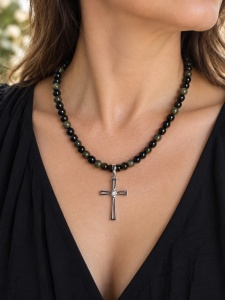 Colier Obsidian cu cruce din inox - Img 3