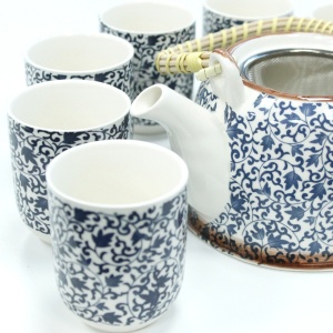 Set ceainic ceramic 850ml, model Frunze albastru, cu 6 cești - Img 4