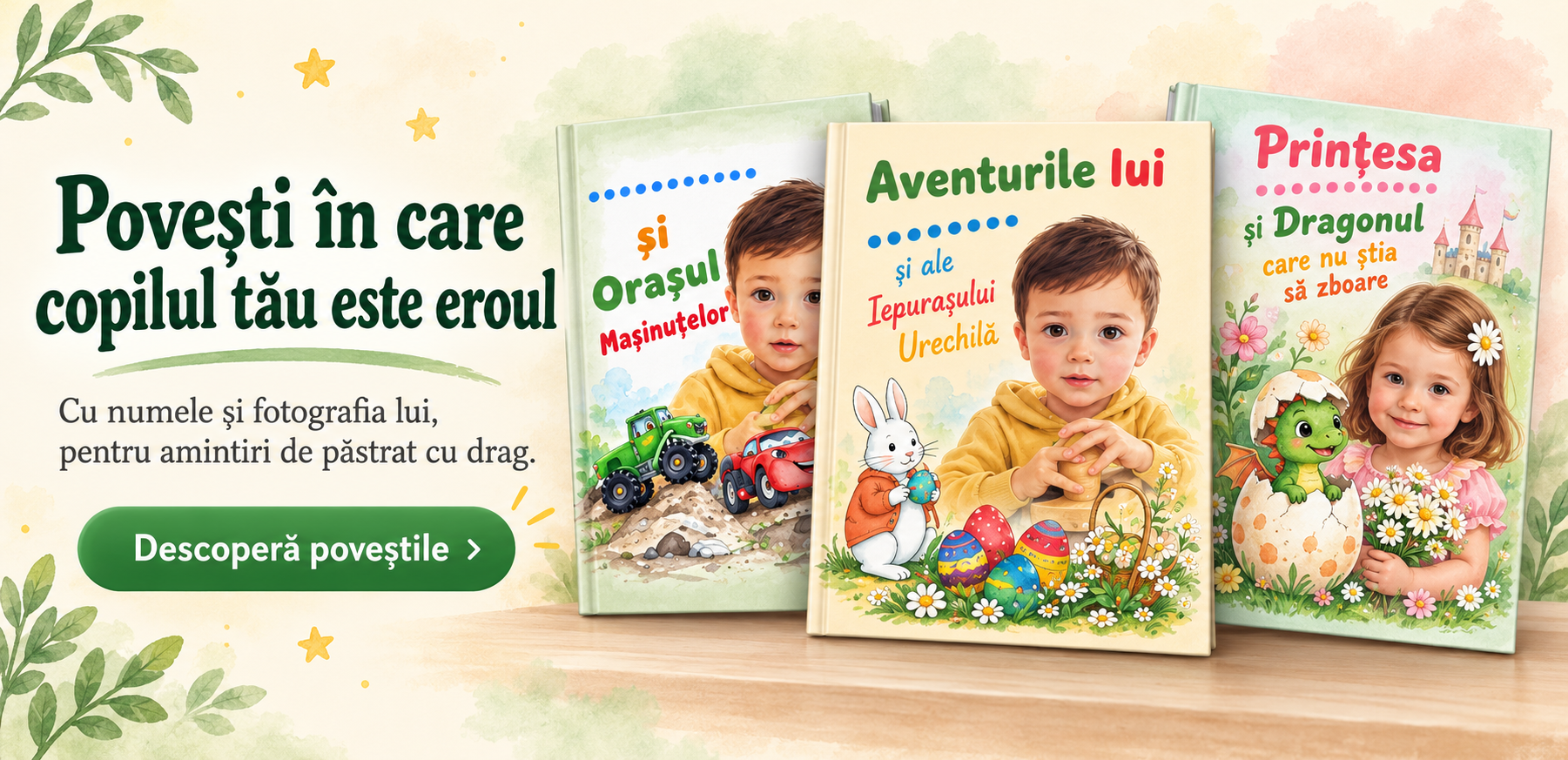 Cărți de povești personalizate cu numele și fotografia copilului – trei aventuri ilustrate cu Urechilă, mașinuțe și o prințesă cu un dragonCarti de povesti personalizate