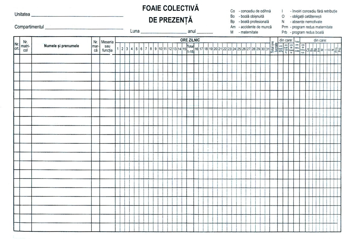 Foaie colectivă de prezență offset A4 RQ