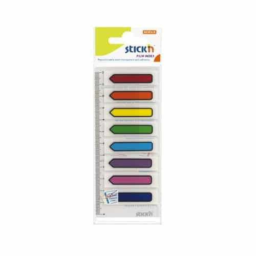 Index autoadeziv din plastic transparent sageata printata color 45×12 mm Stick’n – 8 culori neon/set (15 file/buc)