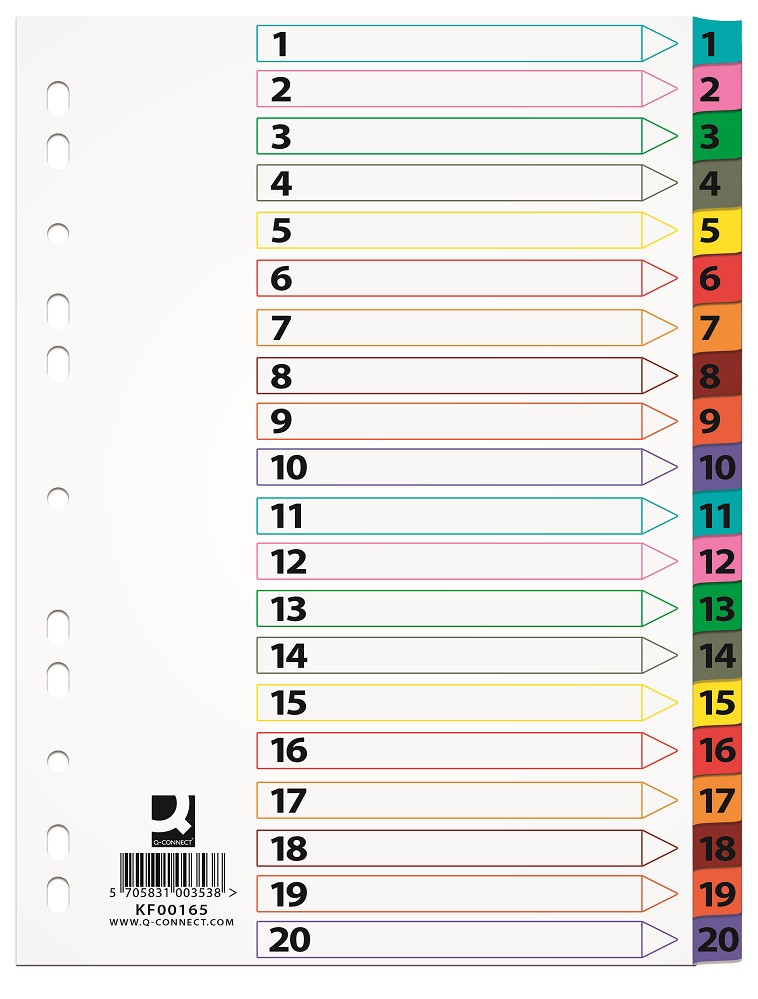 Index carton Q-Connect A4 numerotat 1-20 alb margine color 170g/mp