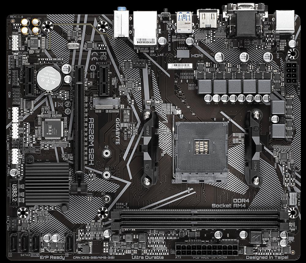 Placa de baza Gigabyte AMD A520M S2H AM4 CPU AMD Socket AM4, support for: 3rd Generation AMD Ryzen™ - 1 | YEO