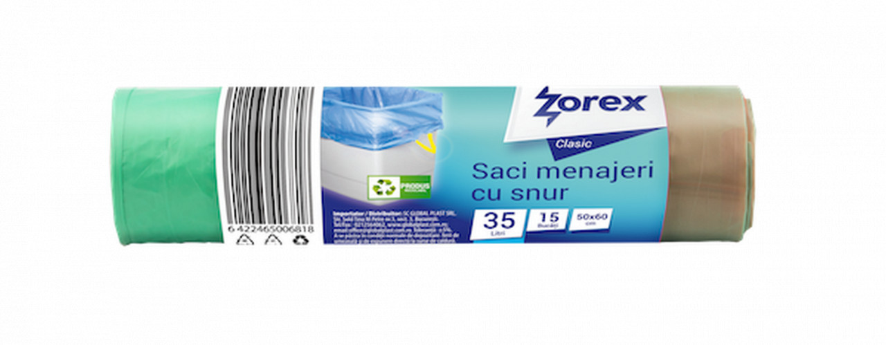 Saci menajeri cu șnur Zorex Clasic, 35L, verde, 15 buc/rola