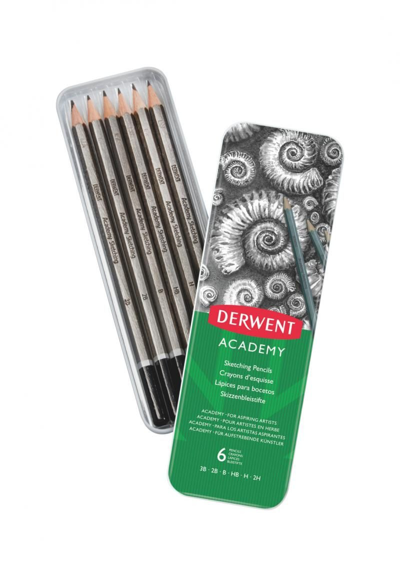Set creioane grafit Derwent academy 3b-2h, cutie metal, 6 buc - 1 | YEO