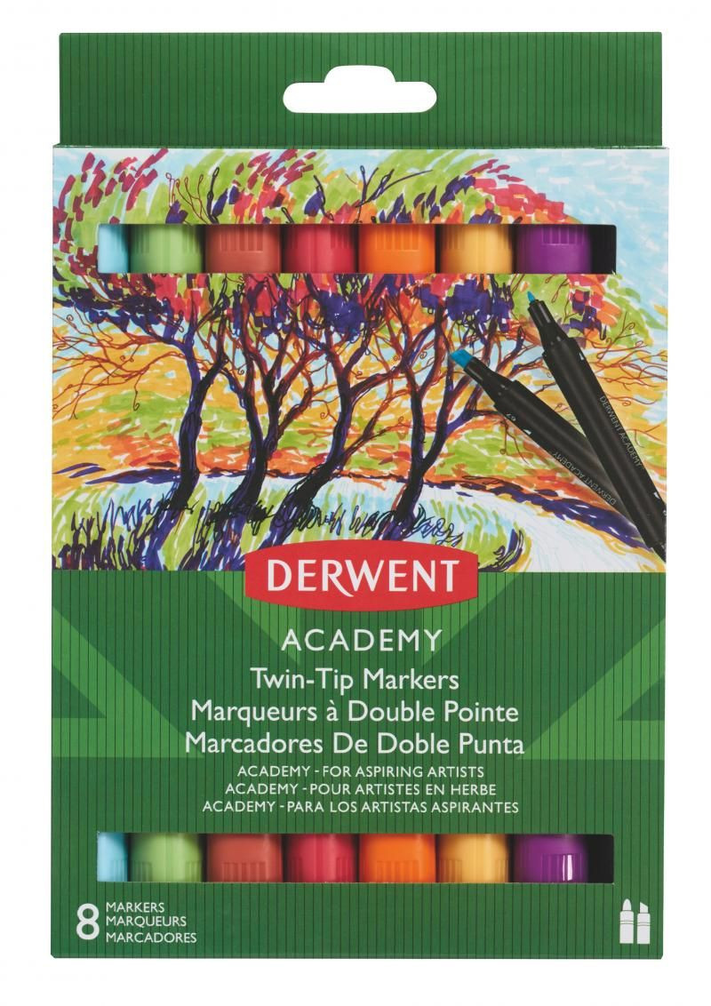 Set markere 2 capete Derwent academy, vârf tesit, 8 buc/set