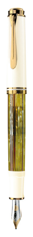 STILOU SOUVERAN M400 EF,PENITA AUR 14K,ACCESORII PLACATE CU AUR,CORP ALB-VERDE
