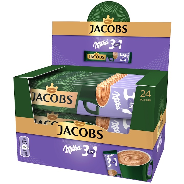 Cafea Jacobs 3 in 1 Milka, 18g x 24 plicuri