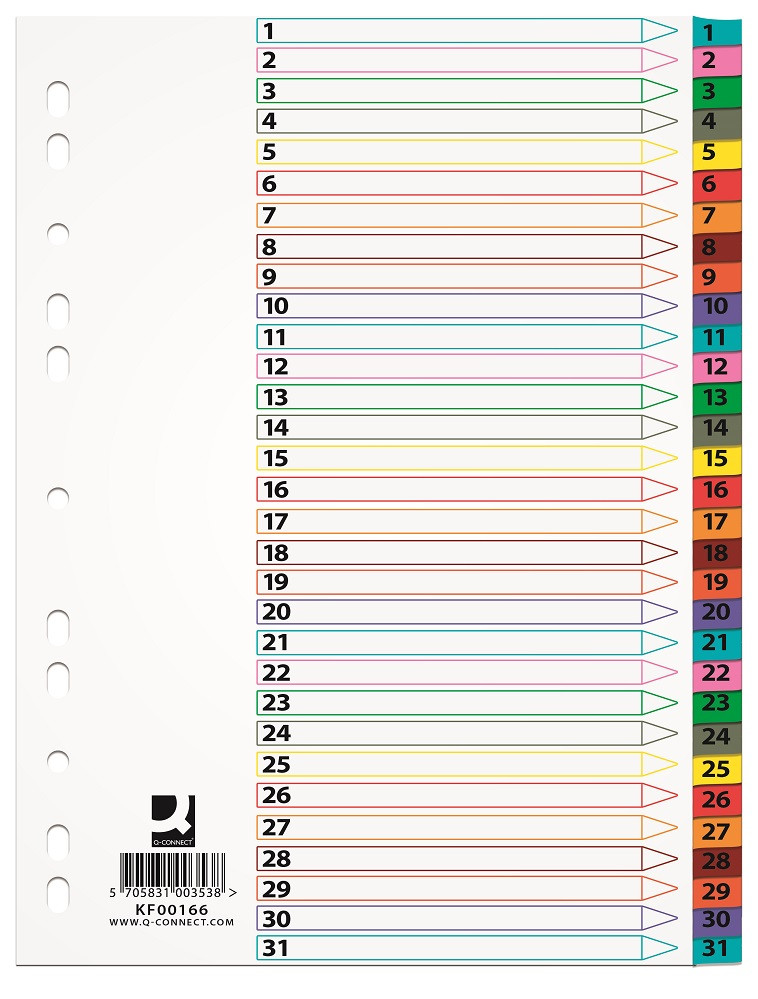 Index carton Q-Connect A4 numerotat 1-31 alb margine color 170g/mp