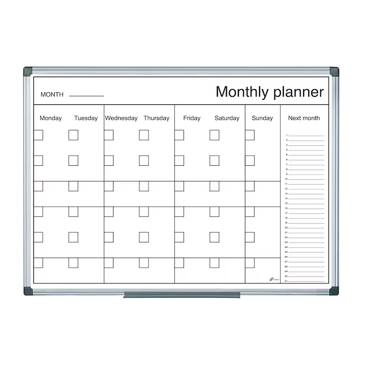 Organizator magnetic lunar, orizontal, ramă aluminiu, 60x90 cm, alb si negru, Bi-Office