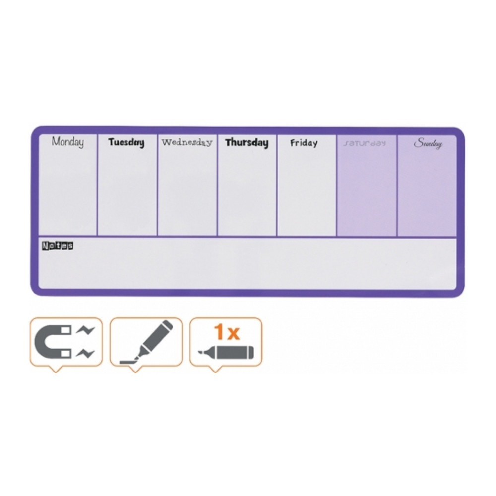 Organizator magnetic săptămânal, 140x36 cm, include marker și magneți, mov, NOBO