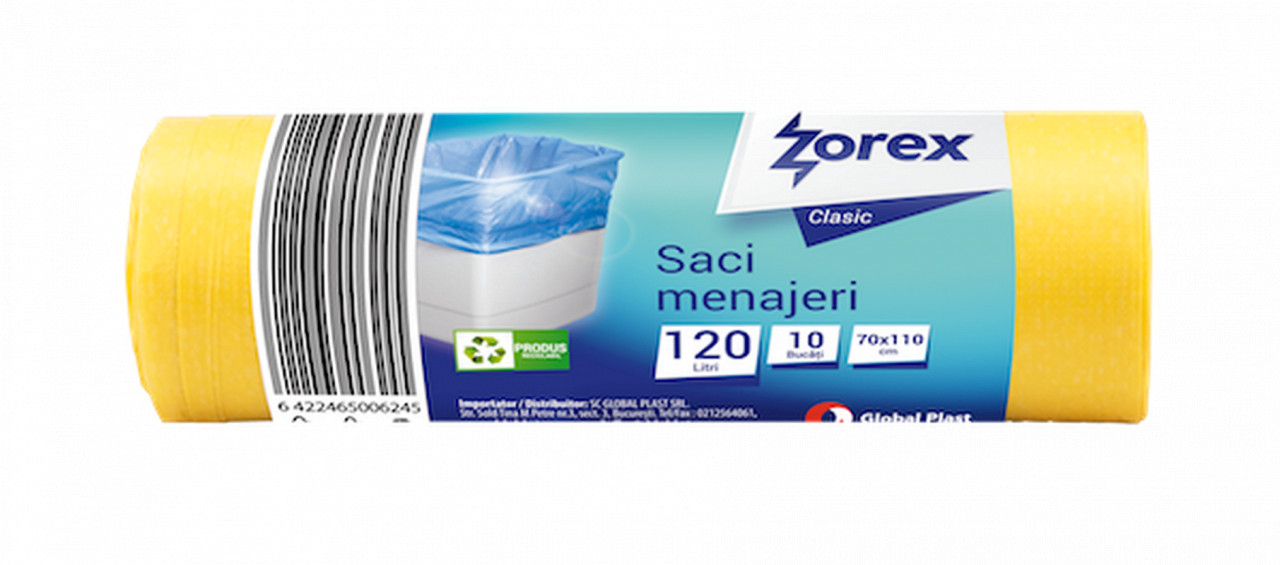 Saci menajeri Zorex Clasic, 120L, galben, 10 buc/rola