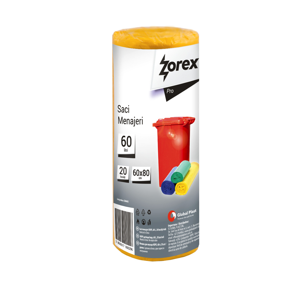 Saci menajeri Zorex Pro, 60L, galben, 20 buc/rola