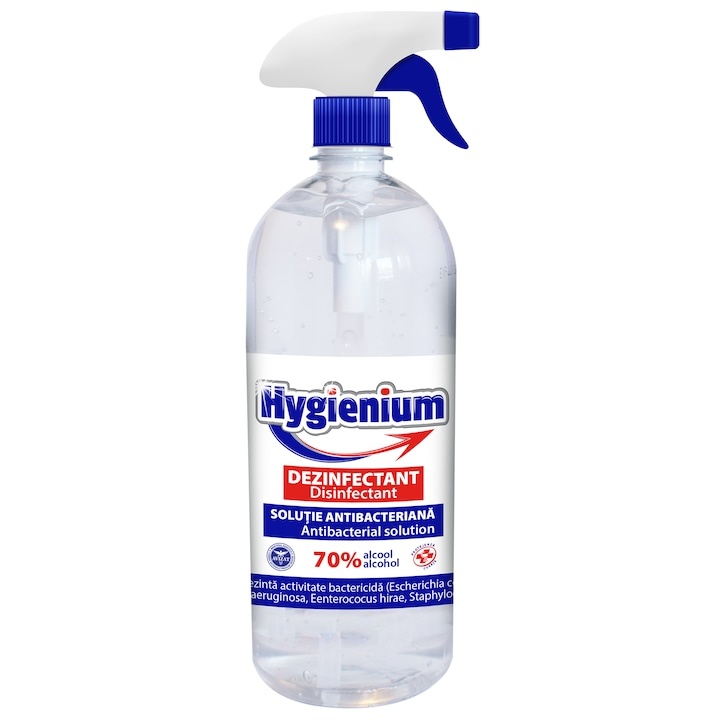 Soluție dezinfectantă, virucidă și antibacteriană pentru mâini, pe bază de alcool, cu pulverizator, Hygienium 1000 ml, avizat Ministerul Sănătății