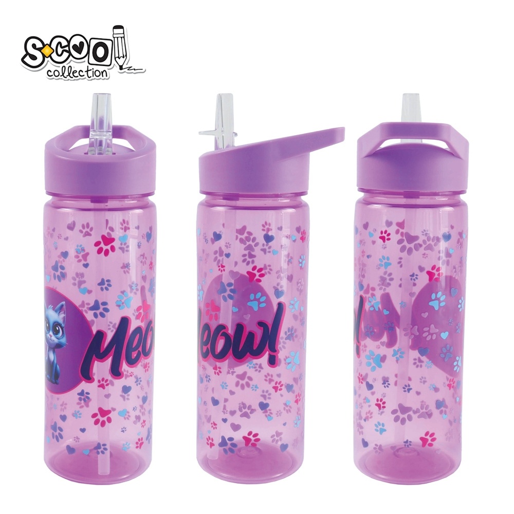 Sticlă apă plastic cu pai S-Cool Meow, 600ml, 23x8.5x6.6 cm
