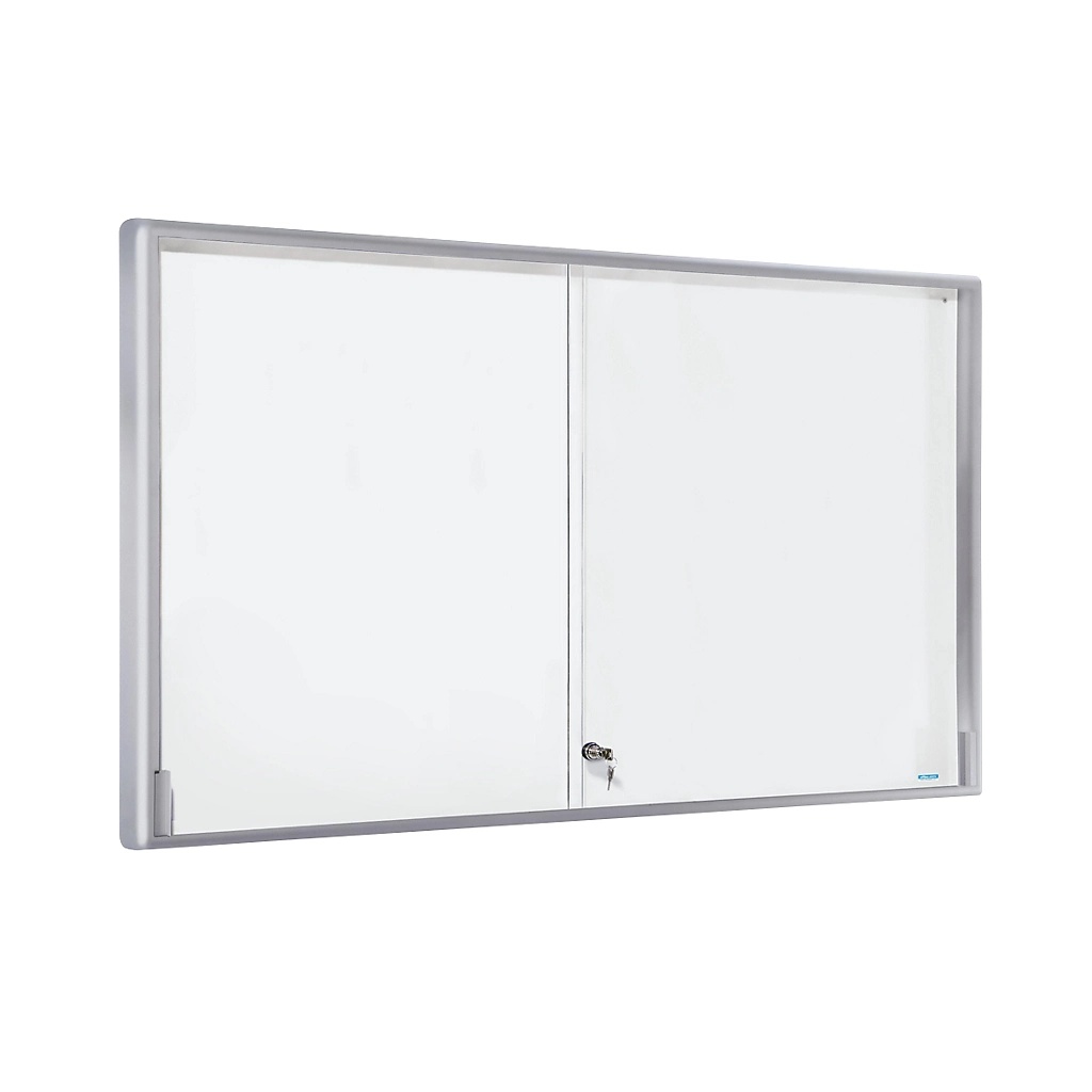Avizier magnetic, 926x967 mm, cu cheiță, geam protector, uși glisante și ramă din aluminiu, Bi-Office