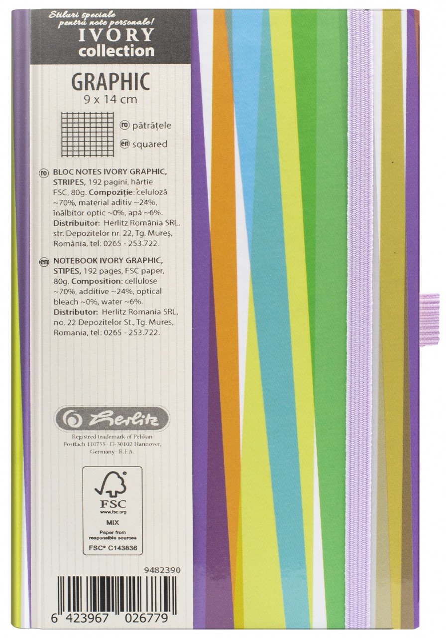 BLOC NOTES IVORY GRAPHIC 9 X 14 CM 192 PAGINI PATRATELE MOTIV STRIPES