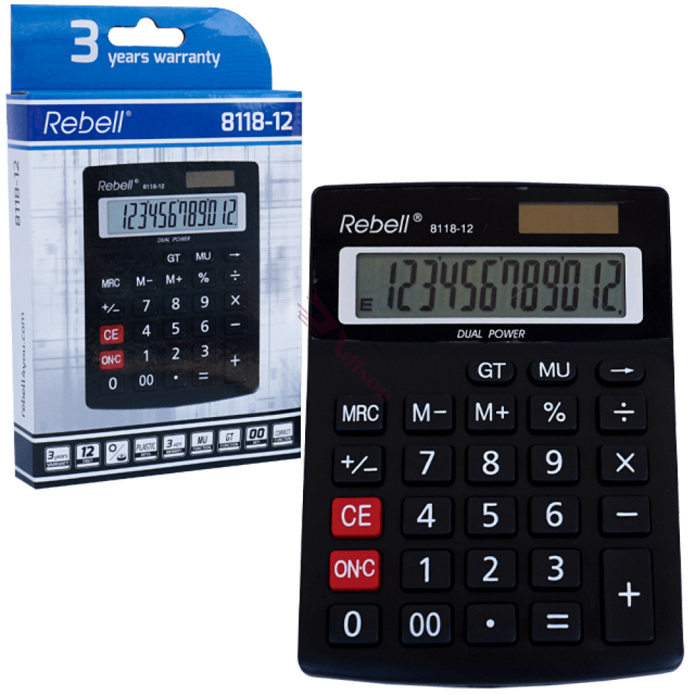 Calculator de birou, 12 digits, 137 x 104 x 23 mm, dual power, Rebell 8118-12 - negru