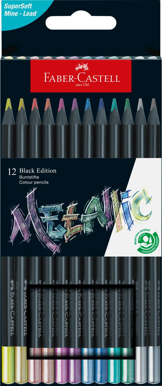 Creioane colorate, 12 culori metalizate, Black edition, Faber-castell