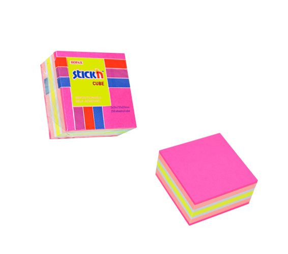 Cub autoadeziv 51x51 mm Stick\'n - 4 culori asortate: alb, roz, magenta neon, galben (250 file/buc)