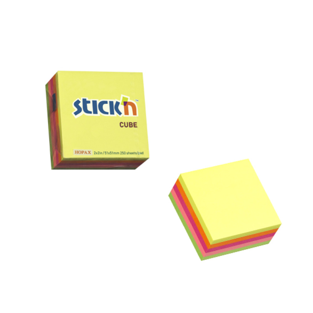 Cub notes autoadeziv in 5 culori neon 51 x 51 mm, 250 file, Stick