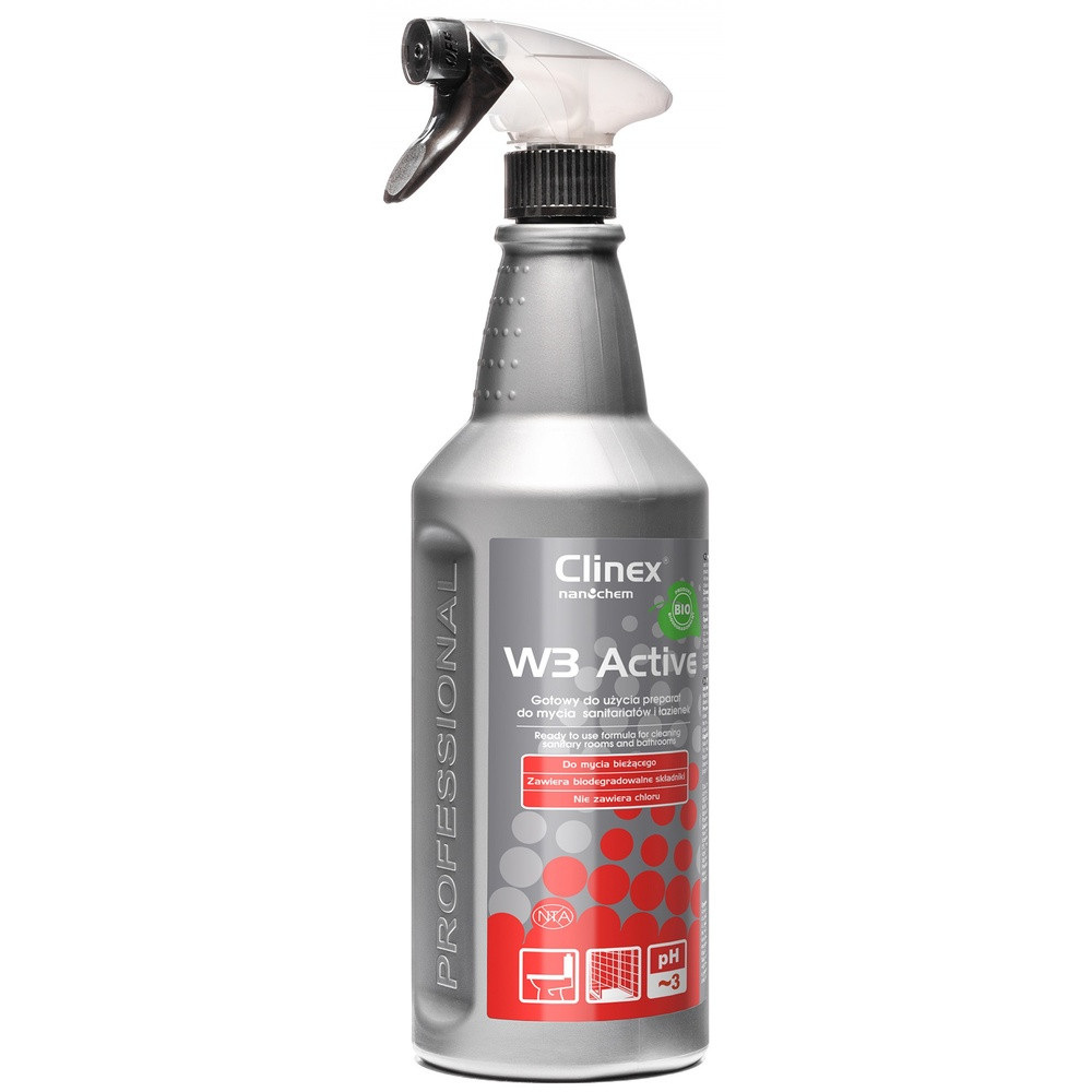 Detergent lichid pentru curățare toalete și băi Clinex W3 Active Bio, cu pulverizator, 1 litru
