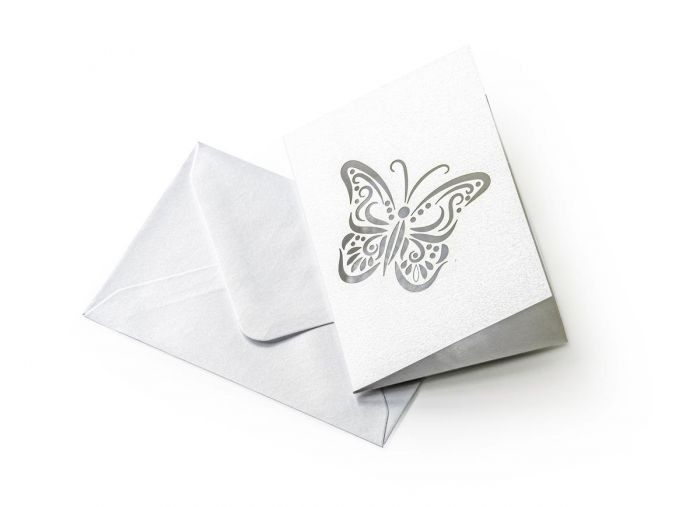 Plic alb + card pliat, fluture, gumat, 70x100mm, Pearl - PREȚ PER BUCATĂ!