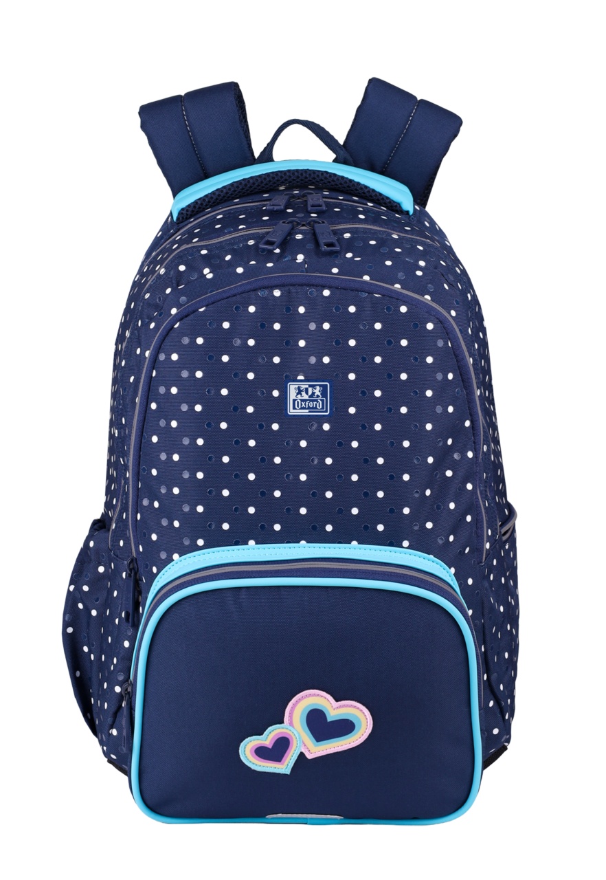 Rucsac Oxford Dots, 3 compartimente, 29 x 44 x 22 cm, 28 l, buzunar frontal cu fermoar, buzunare laterale, buzunar exterior ascuns cu fermoar dublu pentru dreptaci / stângaci, etichetă nume, suport orar, mâner și barete buretate, mâner telescopic
