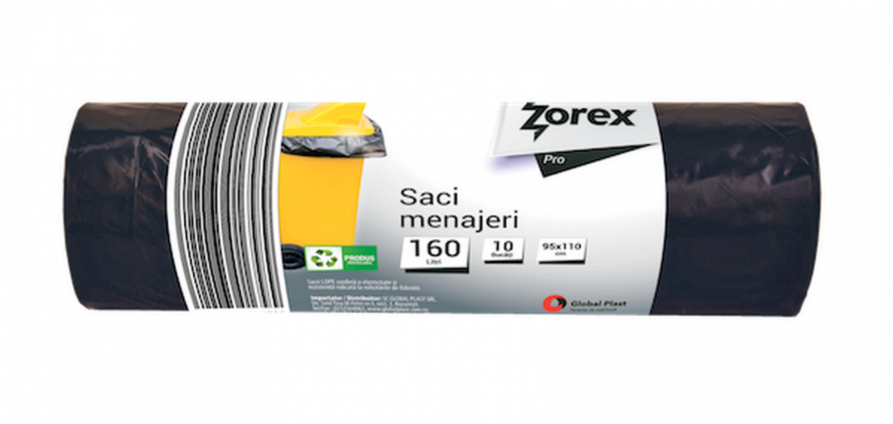 Saci menajeri Zorex Pro, 160L, negru, 10 buc/rola