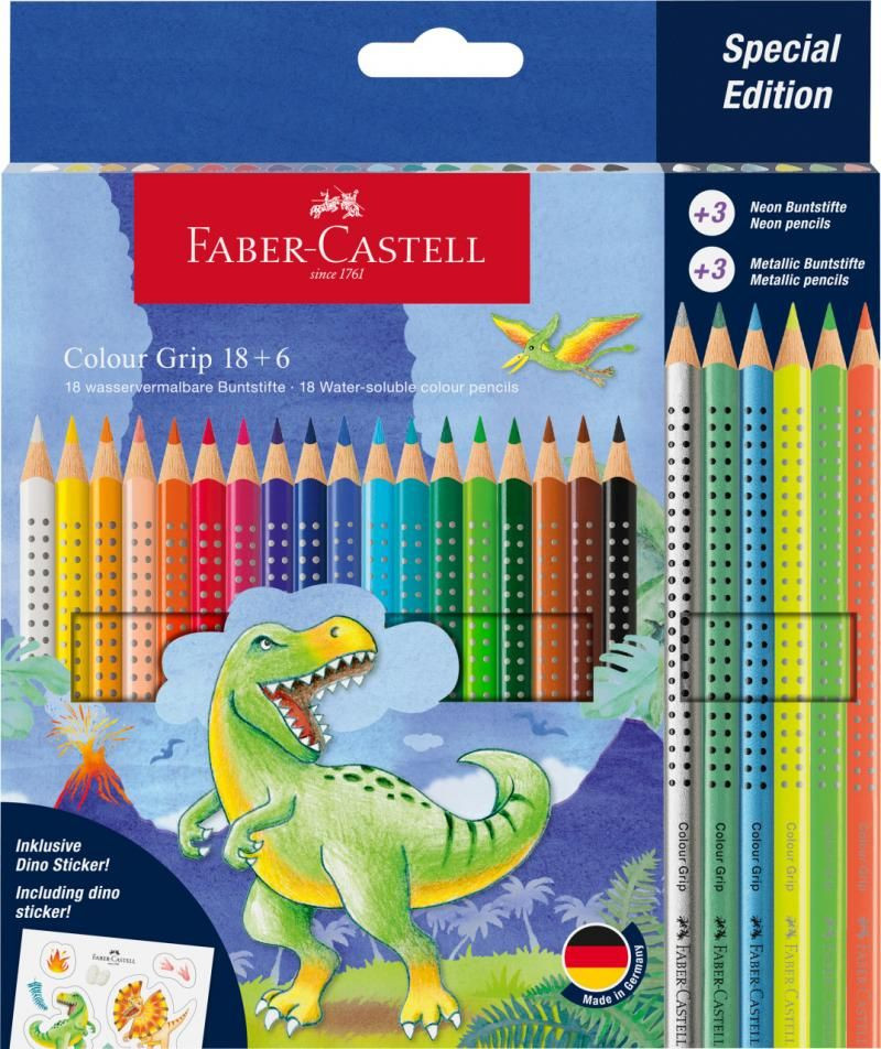 SET PROMO CREIOANE COLORATE 18+6 CULORI GRIP 2001 DINOZAURI FABER-CASTELL