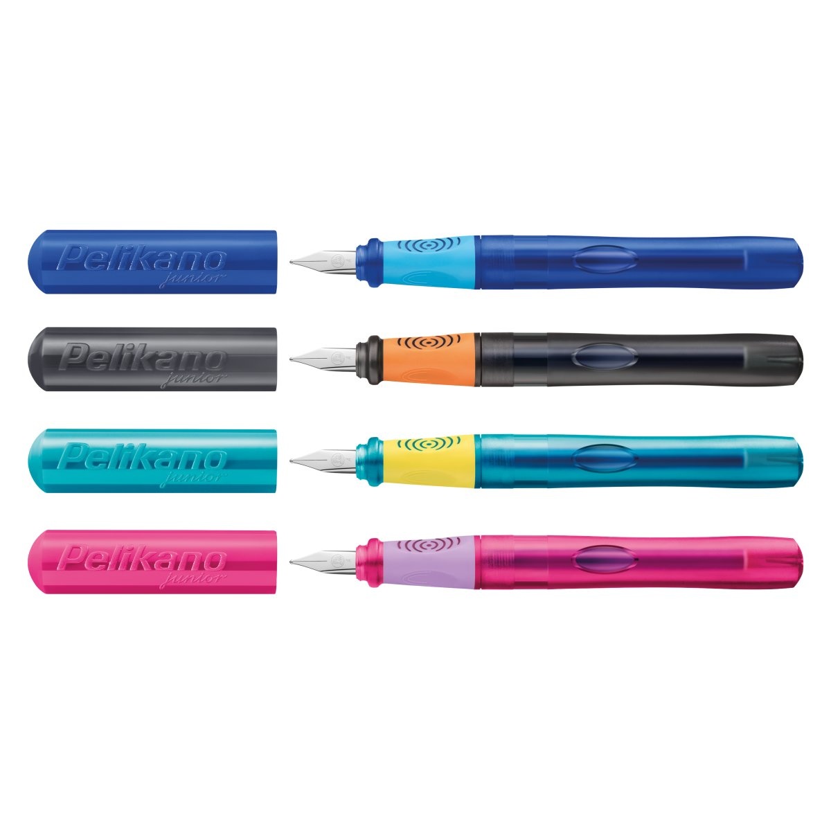 STILOU PELIKANO JUNIOR, PENITA A, GRIP ERGONOMIC, PENTRU DREPTACI, 1 PATRON MARE ALBASTRU INCLUS, CULORI ASORTATE ROZ/TURCOAZ/ANTRACIT/ALBASTRU, BLISTER - 1 | YEO